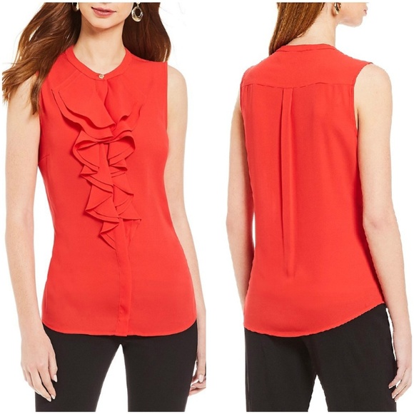 Karl Lagerfeld Tops - KARL LAGERFELD Red Woven Cascade Ruffle Blouse M